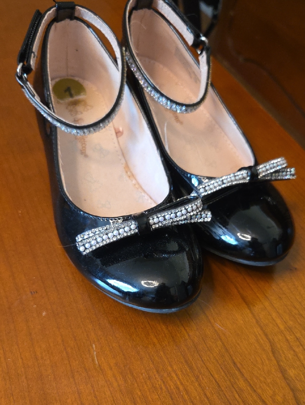 Self Esteem Black Patent Mary Jane Flats with Rhinestone Bow